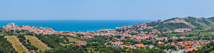 Blick von oberhalb
                                          Banyuls-sur-Mer auf die Bucht,
                                          Cote Vermeille, Roussillon,
                                          Südfrankreich